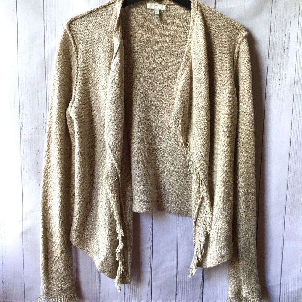 Joie Beige Speckled Fringed Open Front Cardigan